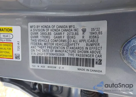 2022 Honda Civic Sport from USA, damaged, VIN 2HGFE2F5XNH583806